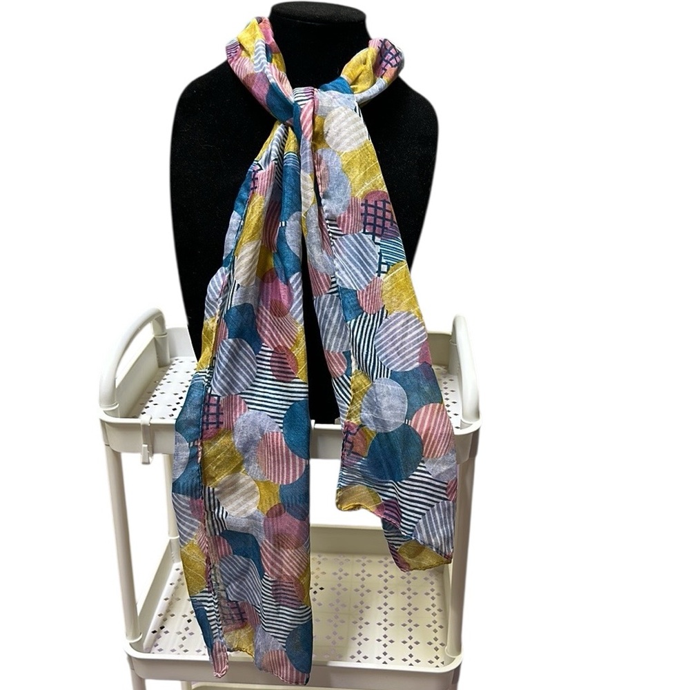 Blue Pink Yellow Circle Stripe Print Rectangular Fashion Scarf 63 x 13.8 Inch